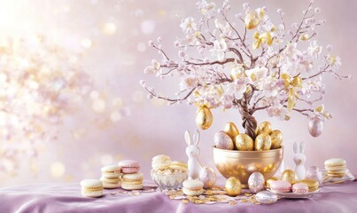 Obraz premium Cute decorative Easter tree, made with candies and flowers and eggs shaped marshmallow, pastel colored light festive spring dessert and decoration, AI generated photo