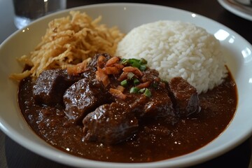 Beef stew with rice and crispy onions, restaurant