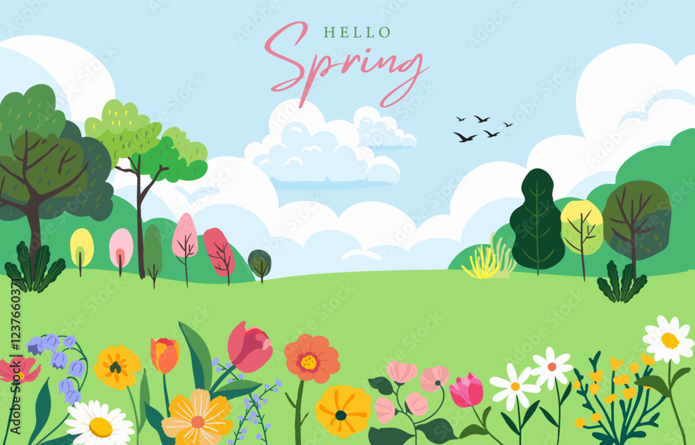 Wall mural spring landscape background with mountain and tree for horizontal design