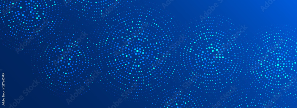 Poster digital technology pattern wallpaper. glowing blue dotted circle background. abstract dot round grid