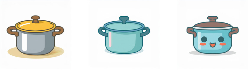 Obraz premium Three cute cartoon pots with lids, in grey, teal, and light blue, are shown. They have simple smiling faces.