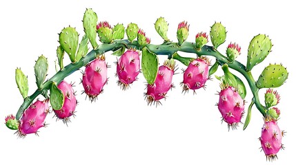 Prickly pear cactus branch with ripe fruit, isolated on white background, perfect for design