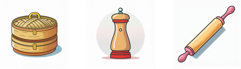 Illustration of kitchen tools: a bamboo steamer, pepper mill, and rolling pin.  Perfect for cooking and baking.
