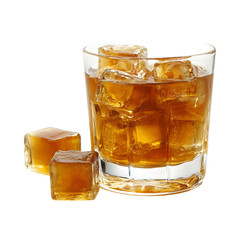 Tequila Caramel Whiskey Glass with Ice Cubes Isolated on Transparent Background
