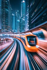 An orange train moving through a tunnel at high speed, with motion blur and lights on, in a modern architectural style