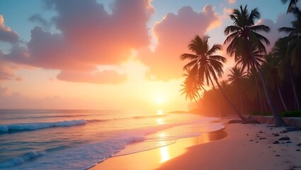 A stunning coastal scene at dawn with colorful skies, calm waves, and distant palm trees