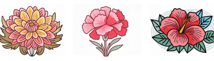 Fototapeta premium Three vibrant flower illustrations: a chrysanthemum, a carnation, and a hibiscus. Each blossom showcases detailed petals and leaves in a colorful array.