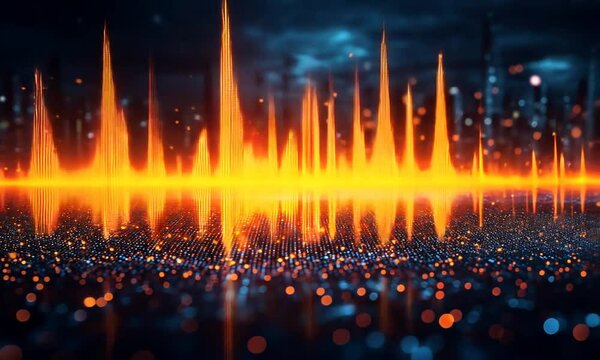 Vibrant soundwave visualization over a reflective surface with a futuristic cityscape backdrop