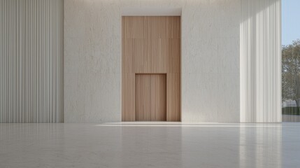 Obraz premium Modern minimalist lobby; wood, stone, sunlight