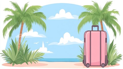 Fototapeta premium Pink Suitcase on Tropical Beach Vacation Scene