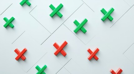 Obraz premium Colorful Arrangement of Green and Red Crosses on a Modern Background for Creative Concepts in Design, Art, and Visual Communication