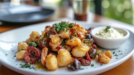 Delicious Fried Seafood Dish with Chorizo and Olives