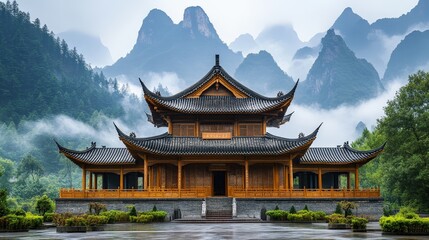 Obraz premium Ancient Temple in Misty Mountains: A majestic traditional Chinese temple stands serenely amidst a breathtaking landscape of towering misty mountains.