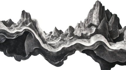 Monochrome abstract mountain range with transparent background