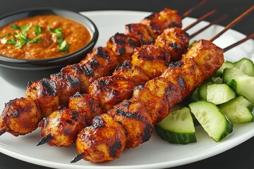 Grilled chicken satay, peanut sauce, cucumber