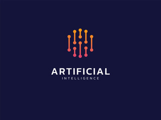 Artificial intelligence with letter O circle network lines Technology Analysis logo vector design concept. AI technology logotype symbol for advance technology, tech company, ui, robotic, automation.