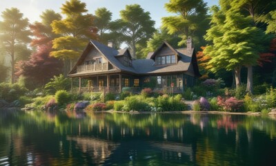 Obraz premium Lush greenery surrounds the charming lake house, trees, natural surroundings