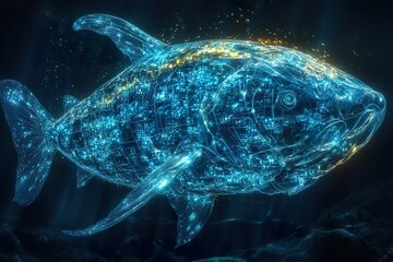 Fototapeta premium Digital Circuitry Shark Swims Deep Underwater