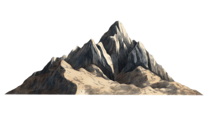 Snowy mountain range emerging from sandy desert on transparent background