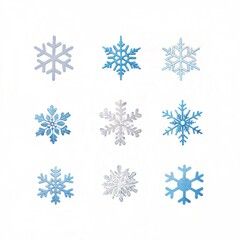 A set of snowflakes with different sizes and shapes. Some are larger than others. They are all blue