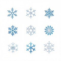 A set of snowflakes with different sizes and shapes. Some are larger than others. They are all blue
