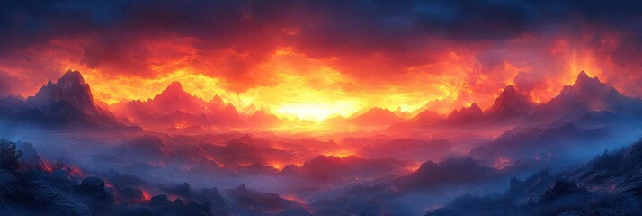Fototapeta premium Fiery Sunset Over Volcanic Mountains: A Breathtaking Panorama