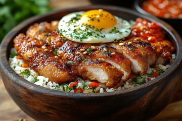 Grilled chicken rice bowl with egg, chili sauce. Restaurant menu