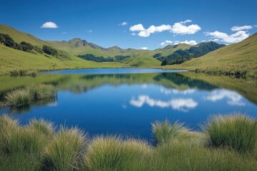 Calm lake reflecting green hills and cloudy sky