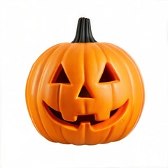 A pumpkin with a black stem and a black eye. The pumpkin is orange and has a smile on its face