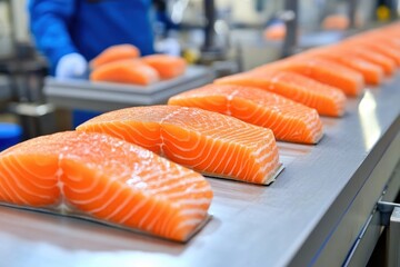 Fresh salmon fillets are neatly arranged on a conveyor belt in a processing facility, showcasing vibrant colors and precise cuts.