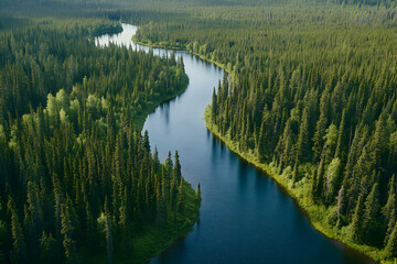 Aerial view River meandering through boreal forest