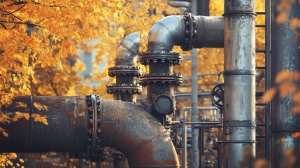 Modern industrial structure with large valves and tubes, warm fall atmosphere