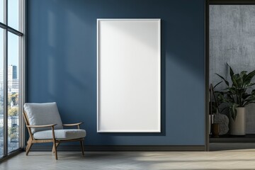 3D rendering of a white vertical blank frame mockup hanging on a blue wall in a modern interior with a window and an armchair, in an industrial style, with empty space for text.