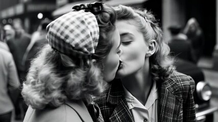 young attractive lesbian couple kissing in the street in 1950s. Retro monochromatic vintage