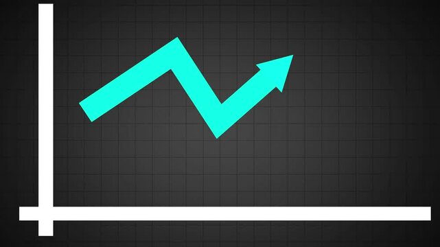 A business graph up to a down blue arrow with an animated. Animation of a blue arrow chart graph on a black background with a grid. Video footage