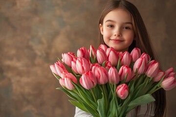 Fototapeta premium Smiling girl holding bouquet of pink tulips: spring or mother's day gift