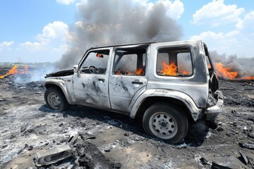 A damaged vehicle is surrounded by flames and smoke, depicting a scene of destruction and chaos in an open area.