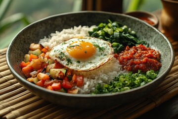 Egg, rice, veggie bowl; restaurant meal