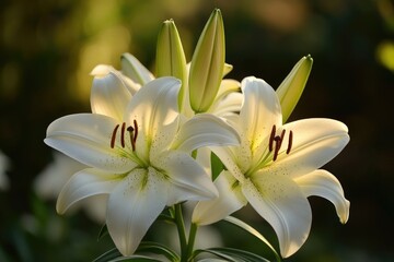 Obraz premium White lily flower blooming in garden with buds and green leaves