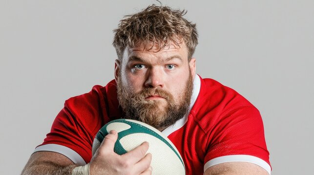 Rugby player portrait, studio shot, serious expression, holding ball