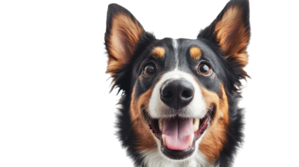Happy dog smiling on transparent background: close-up portrait of playful canine showing tongue
