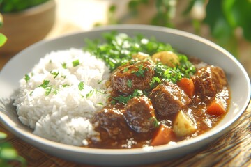 Beef stew with rice, parsley garnish, wooden table background