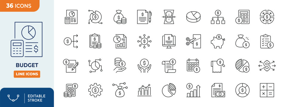 Budget Icons set. Containing accounting, bookkeeping, distribution, and more. Outline Icon Collection. Vector illustration. Editable stroke