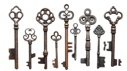 Obraz premium Set of ten ornate antique keys isolated on transparent background