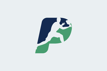 letter p logo with pickleball player silhouette. It is good for team logo, club, shirt, sticker, etc.