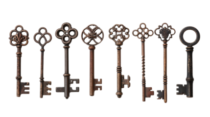 Row of nine ornate vintage keys on transparent background