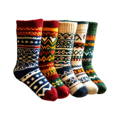 Colorful Woolen Socks in Classic Nordic Patterns Isolated on Transparent Background