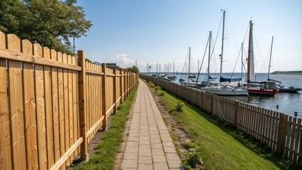 Obraz premium Narrowed fairway with a wooden fence and sailboats moored in the background near Port Gdansk, port, port facilities, waterfront, cargo ships, fairway