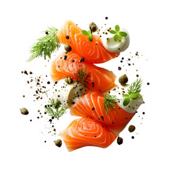 Flying Smoked Salmon with Cream Cheese and Dill Isolated on Transparent Background