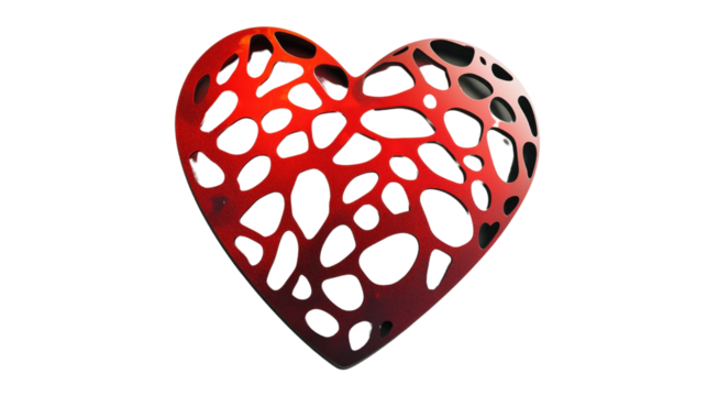 Intricately designed red heart with transparent background